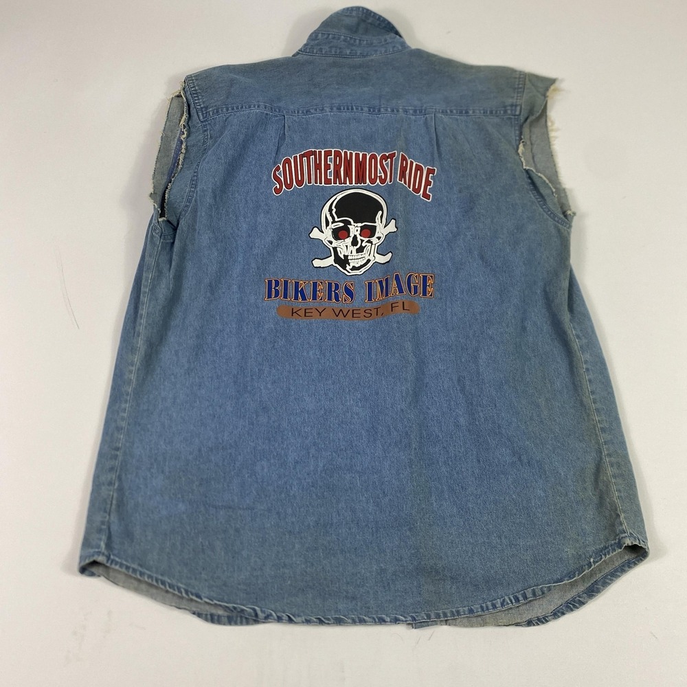 Bikers Image Key West Shirt Mens‎ Large Blue Denim Sleeveless Southernmost Ride